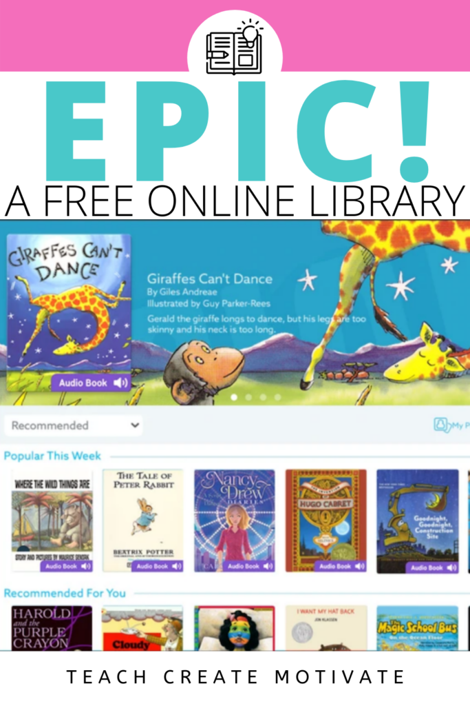 Want to add to your independent reading activities? Add Epic! to your choice board, centers, or stations. This website is FREE for educators and is a reading app as well. Track your students' progress, assign books, use for read-aloud or small groups! Epic! can be sorted by genre, interest, grade level, DRA, Lexile, or Fountas Pinnel. It has popular books, a built-in dictionary, "read to me," or audiobook features. read to self or listening stations (Kindergarten, 1st, 2nd, 3rd, 4th, 5th grade)