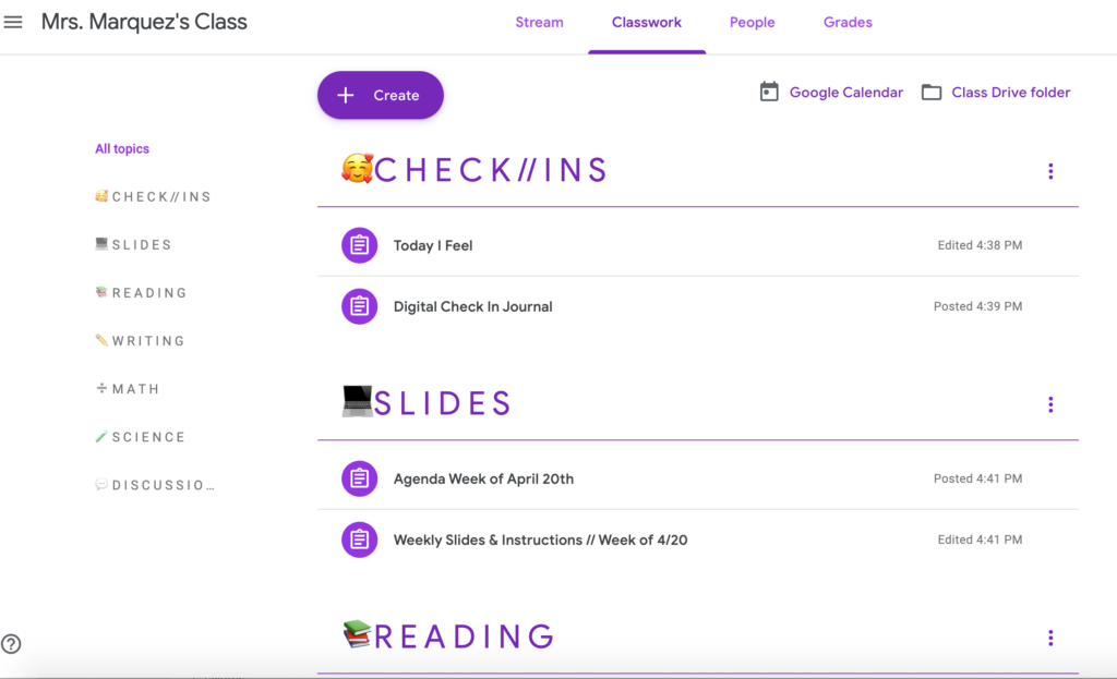 Screenshot of Google Classroom topics