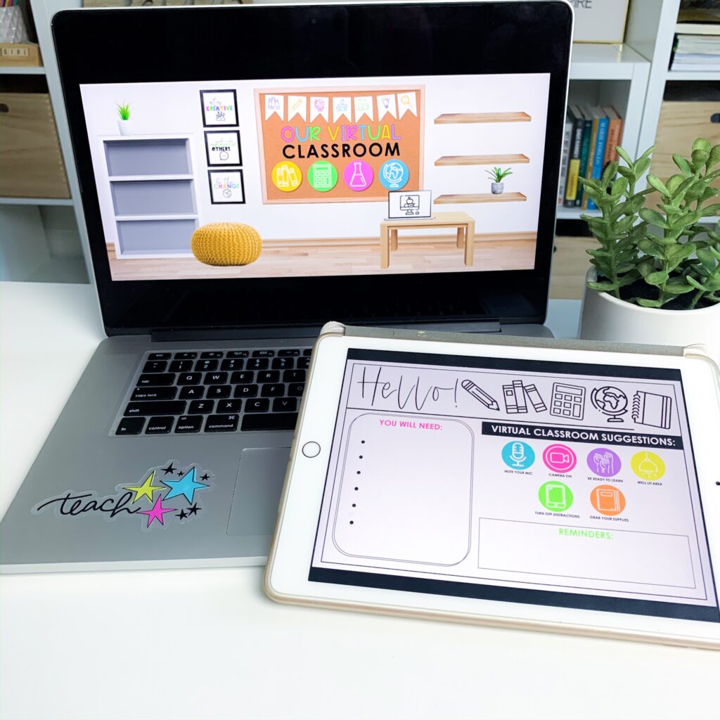 Open laptop showing a virtual classroom and an iPad showing a digital teaching assignment
