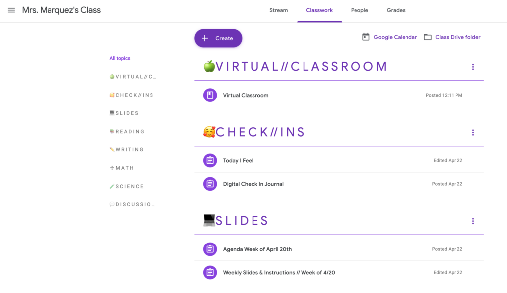 Screenshot of Google Classroom topics