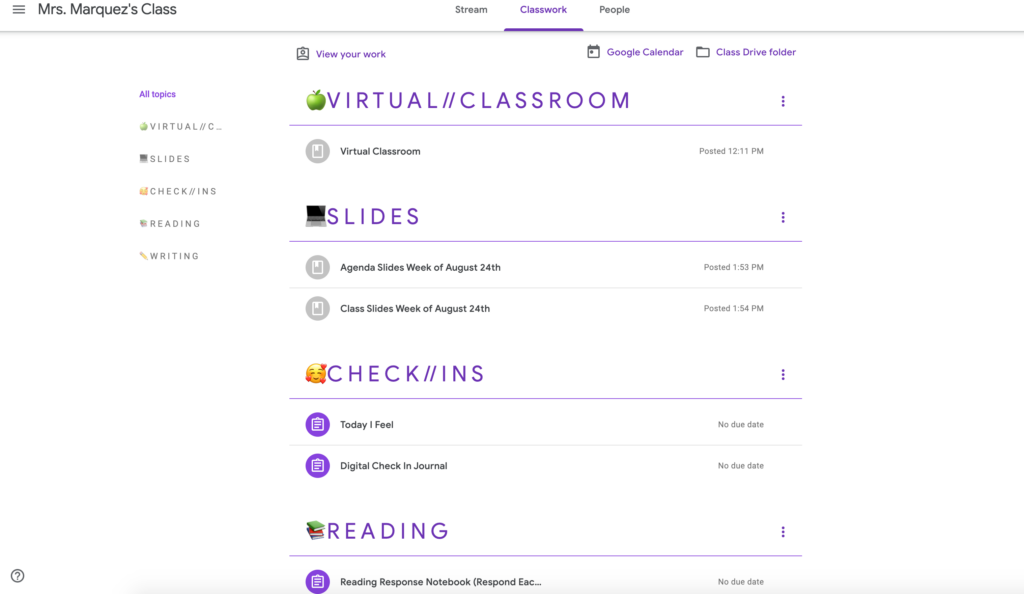 Screenshot of a teacher's Google Classroom with topics