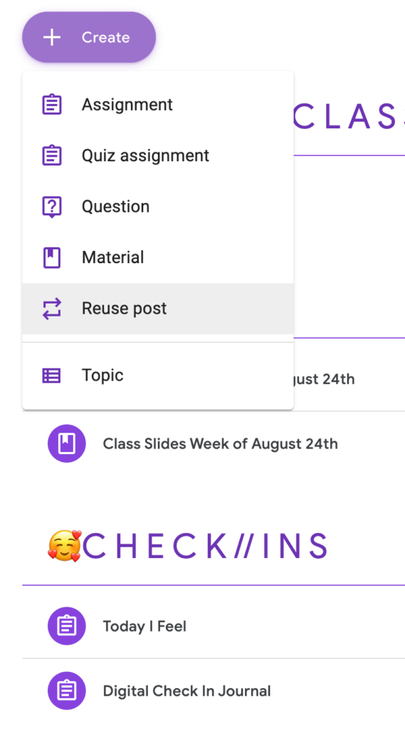 Screenshot of how to reuse a post in Google Classroom