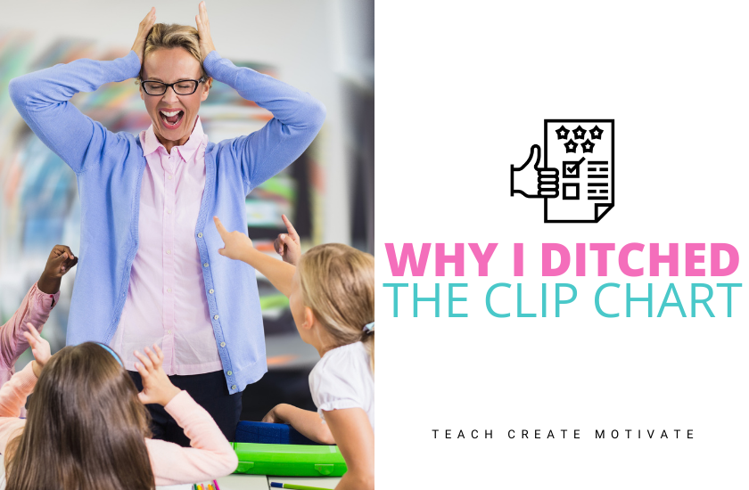 Text reads, "Why I Ditched the Clip Chart" A teacher standing in her classroom looking frustrated with her hands on her head. Students laughing around her.