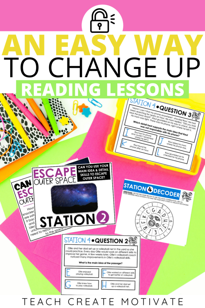 A fun activity to practice reading skills for 2nd- 5th graders is a reading escape room! There are four escape rooms, each with a different theme! The escape rooms cover making inferences, identifying theme, cause and effect, main idea and details (key idea and details). A FREE problem and solution reading escape room is included in the post! Practice reading strategies and skills with this ready-to-use, low prep resource! (second grade, third grade, fourth grade, fifth grade, upper elementary) A fun activity to practice reading skills for 2nd- 5th graders is a reading escape room! There are four escape rooms, each with a different theme! The escape rooms cover making inferences, identifying theme, cause and effect, main idea and details (key idea and details). A FREE problem and solution reading escape room is included in the post! Practice reading strategies and skills with this ready-to-use, low prep resource! (second grade, third grade, fourth grade, fifth grade, upper elementary)