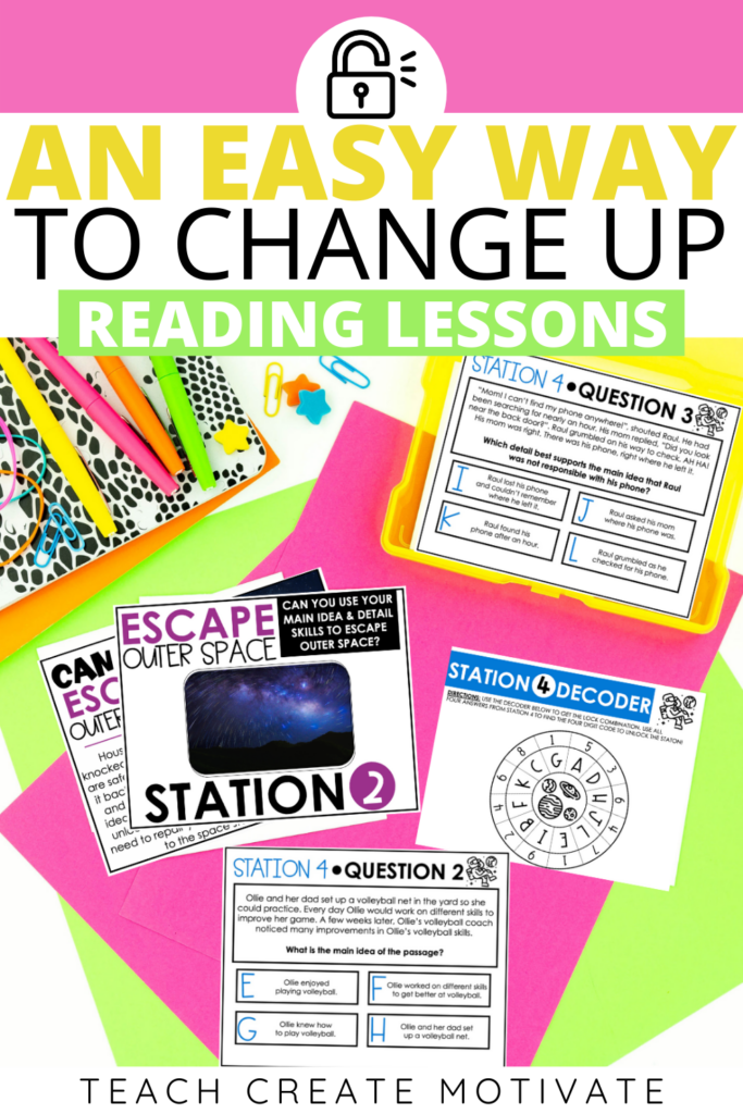 A fun activity to practice reading skills for 2nd- 5th graders is a reading escape room! There are four escape rooms, each with a different theme! The escape rooms cover making inferences, identifying theme, cause and effect, main idea and details (key idea and details). A FREE problem and solution reading escape room is included in the post! Practice reading strategies and skills with this ready-to-use, low prep resource! (second grade, third grade, fourth grade, fifth grade, upper elementary)