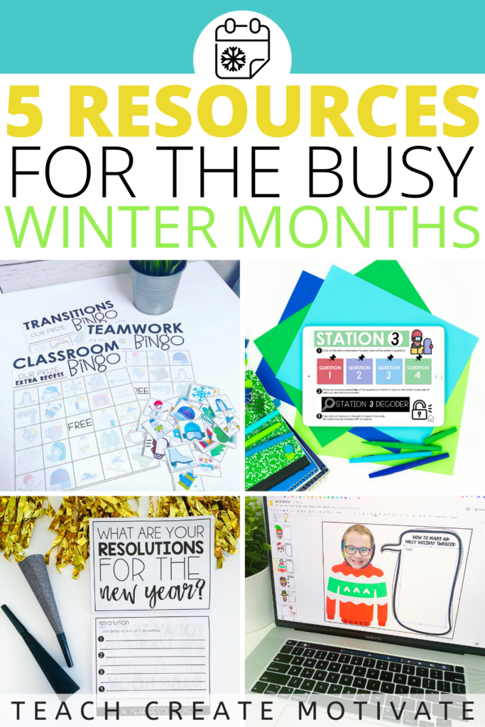Looking for a way to maintain student engagement and classroom management before or after the long holiday break? These seasonal resources are just what you need! Winter Bingo and Class Slides with Timers help keep classroom management top-notch! Winter themed escape room template is great for review, enrichment, and stations or centers. Selfie winter writing activity is perfect for seasonal writing and bulletin boards. (2nd grade, 3rd grade, 4th grade, 5th grade, elementary, holiday activitiy)