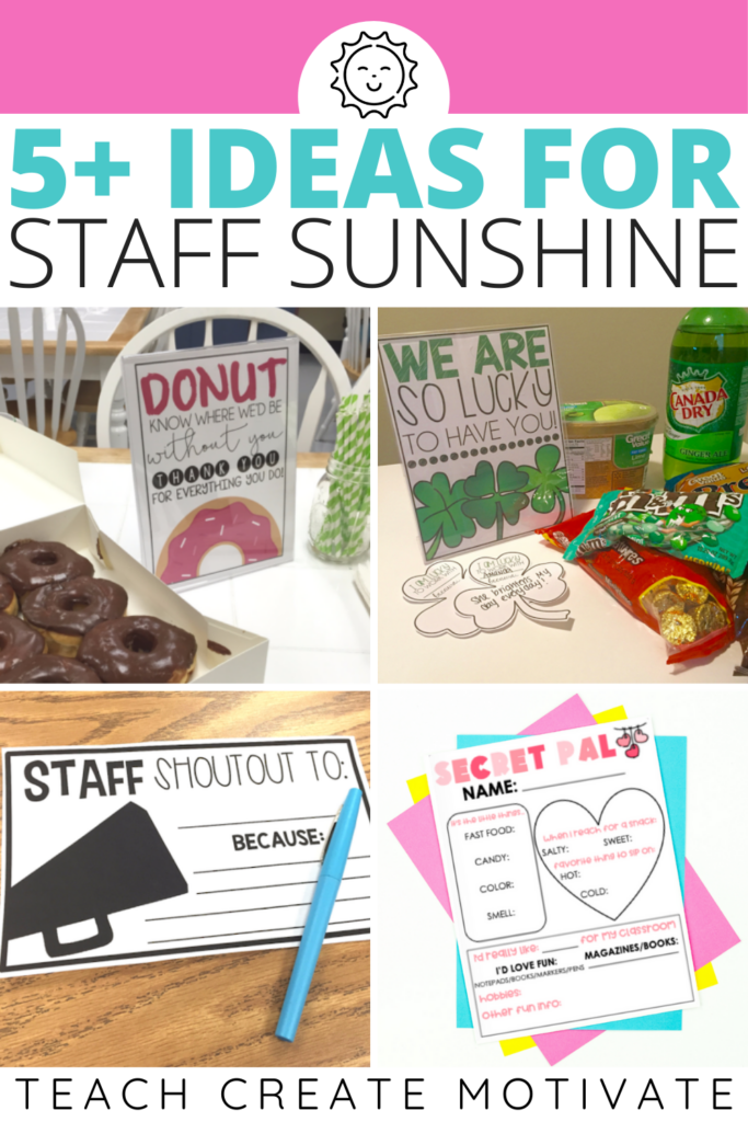 Staff Sunshine is a great way to boost teacher morale and celebrate your coworkers! Everyone loves a treat now and then. These FREE staff sunshine ideas are easy ways to spread some cheer around your school. Some of the ideas are seasonal, and others can be used whenever during the school year. Use them to thank your office staff, custodial staff, teammates, or anyone at school! (sunshine committee, elementary, middle school, high school, teacher appreciation, DIY, freebie)