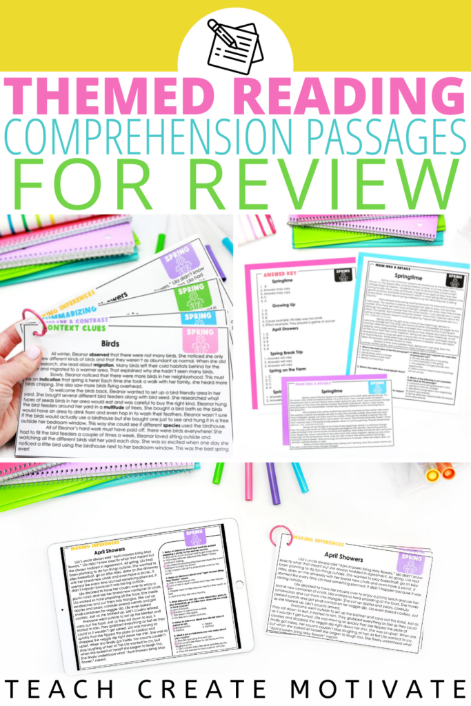 Make teaching or reviewing reading comprehension skills exciting and engaging with spring-themed passages! This set of reading comprehension passages and questions includes 12 ready-to-use spring reading passages with various reading strategies and skills addressed in the questions. There are both fiction and nonfiction passages to captivate the reader and keep their engagement high. Perfect for test prep, small groups, intervention, and more!