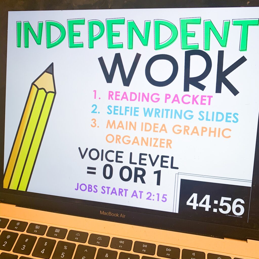 a photo of a slide showing independent work options for students as an example of one of the classroom management strategies