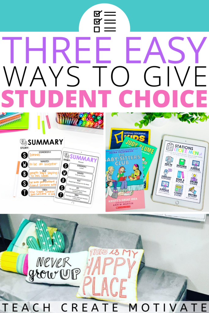 Effective classroom management and student choice go hand in hand. Student choice gives students a voice and a sense of ownership in the classroom. There are many simple ways to give choice in the classroom daily. Read for three easy ways to start giving choice if it isn't something you usually do! (elementary, Kinder, Kindergarten, 1st grade, 2nd grade, 3rd grade, 4th grade, 5th grade, classroom ideas, teacher tips, classroom management, choice menus)