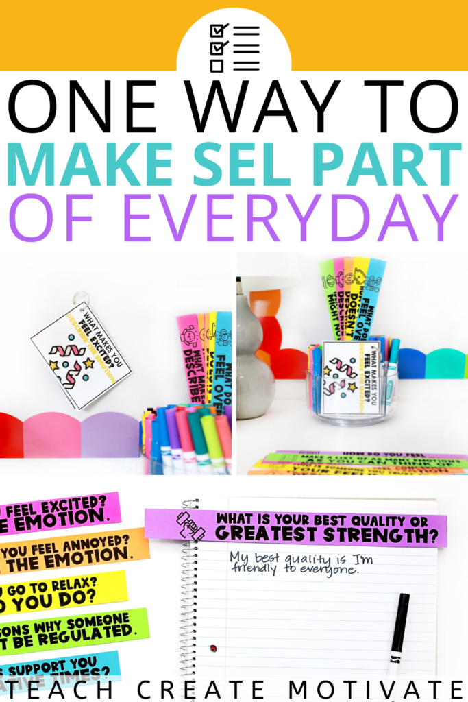 Incorporating SEL activities into your day-to-day lesson plans allow your elementary students or middle school students the opportunity to reflect on social-emotional learning topics in a meaningful way. Help your students gain confidence in relationship skills, responsible decisions, and social-emotional skills with this easy SEL activity. (morning routine, elementary, SEL, class meeting, classroom community) Incorporating SEL activities into your day-to-day lesson plans allow your elementary students or middle school students the opportunity to reflect on social-emotional learning topics in a meaningful way. Help your students gain confidence in relationship skills, responsible decisions, and social-emotional skills with this easy SEL activity. (morning routine, elementary, SEL, class meeting, classroom community)