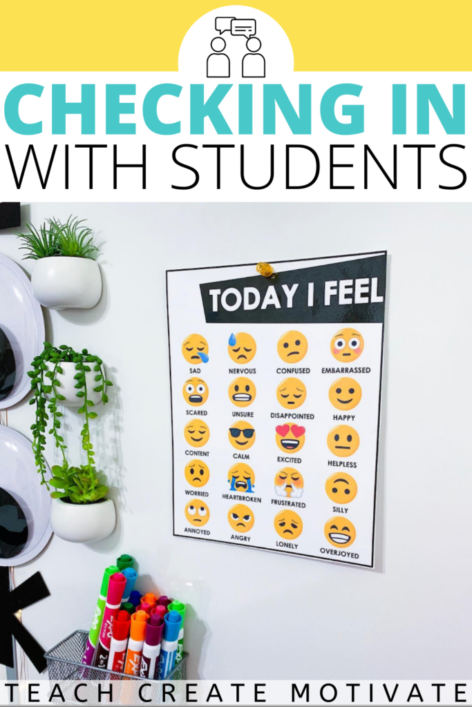 Checking in with students in these simple ways can really help you build positive relationships with your students. Start to pick up on things you can address with a read-aloud or at class meetings (without singling students out, of course.) Checking in with students is a great tool for building healthy relationships and a strong foundation for a supportive environment. (SEL, social emotional learning)