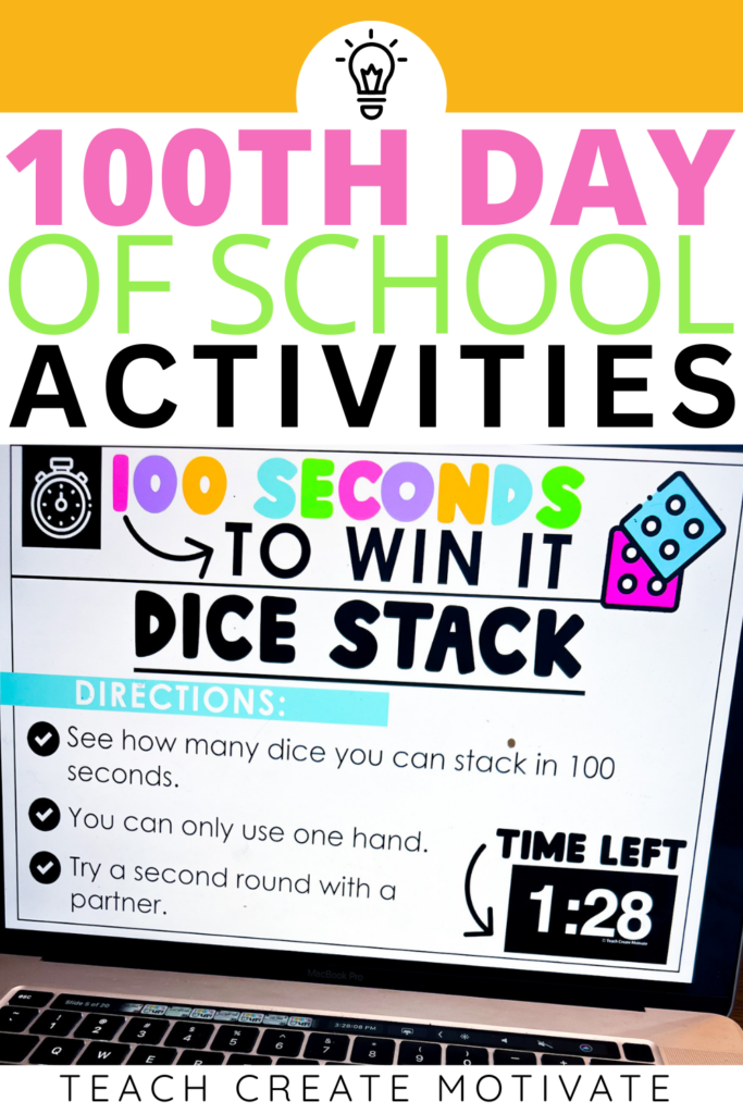 Two easy 100th day activities for your 100th day of school! The "Minute to Win it" style freebie will have your students racing the clock the complete the fun tasks. Selfie writing has students making themselves into 100 year old and answering a fun writing prompt. Happy 100th day!