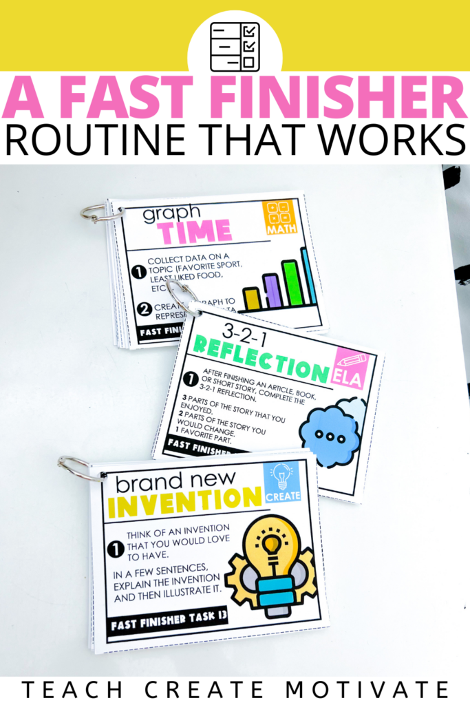 Implement a fast finisher routine that works with these easy ideas! Set expectations with students, create a designated space, and use the no prep task cards to set you and your students up for fast finisher success. Implement a fast finisher routine that works with these easy ideas! Set expectations with students, create a designated space, and use the no prep task cards to set you and your students up for fast finisher success.