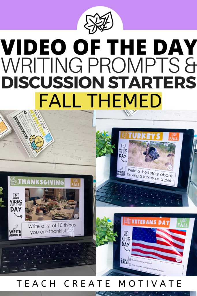 Use this Video of the Day - Fall Writing Prompts and Discussion Starters - Slides to get your students thinking, discussing and writing all about fall themed topics! Use this Video of the Day - Fall Writing Prompts and Discussion Starters - Slides to get your students thinking, discussing and writing all about fall themed topics!