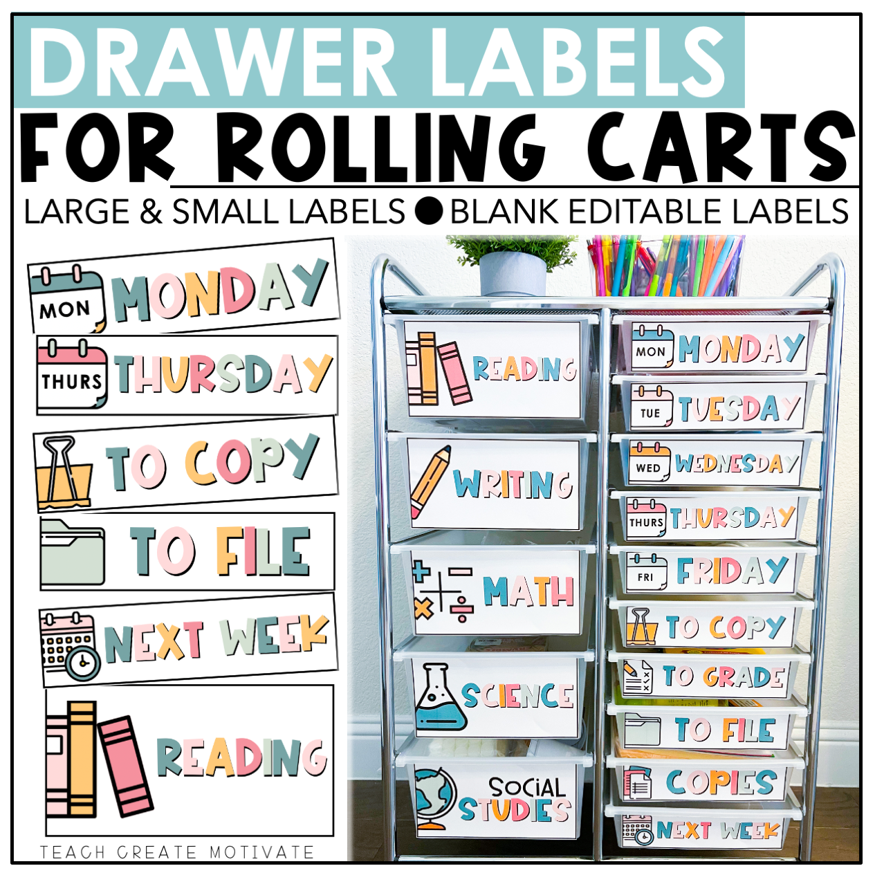 10 Drawer Rolling Cart Labels Editable Boho Classroom Decor Teach